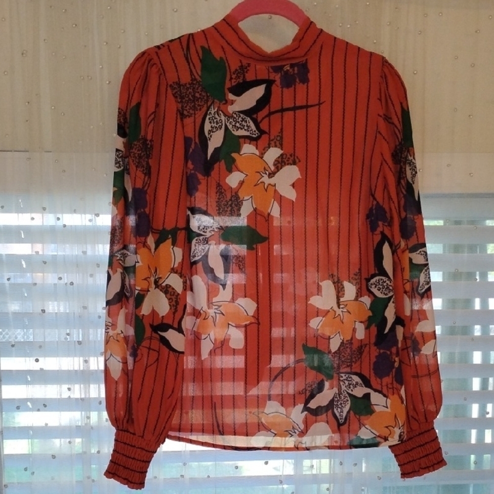 Fashion Nova Kathleen Tie In Back Floral Rust Sheer Blouse, Size: S, NWT